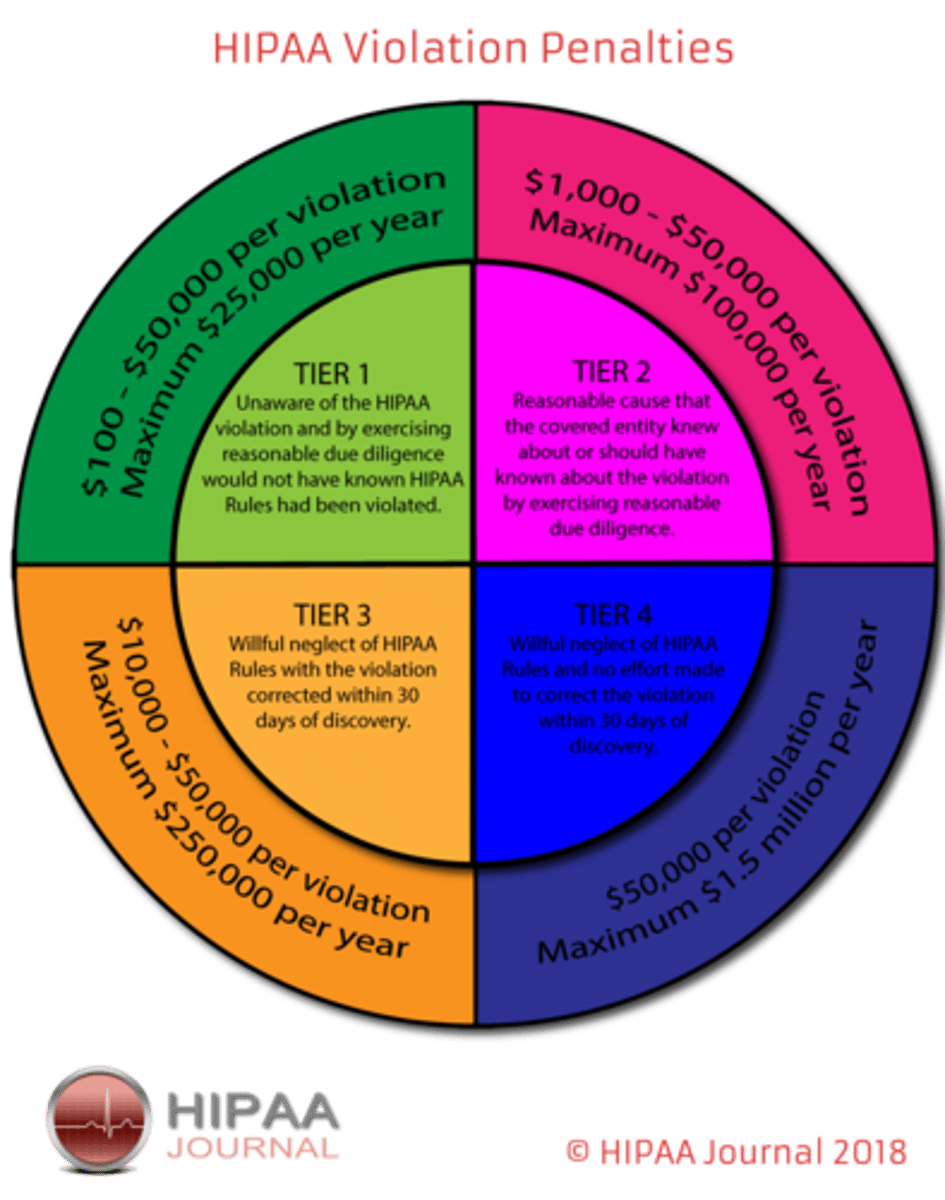 <p>4 tiers</p><p>fines $</p><p>you can be fined and you can also be fired and lose your job for violating HIPAA violation</p>