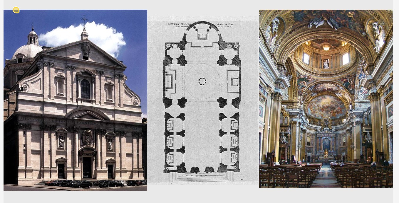 <ul><li><p>HQ for Jesuits (roman catholic men with special duties)</p></li><li><p>Santa Maria Novella 100 yrs later </p></li><li><p>Basillica plan as a box not cross (reverting back to Roman for emphasis on the people, preaching, communion, eucharist)</p><ul><li><p>Corinthian columns</p></li></ul></li><li><p>“comic book” ceilings - division of the saved and the damned</p></li><li><p></p></li></ul>