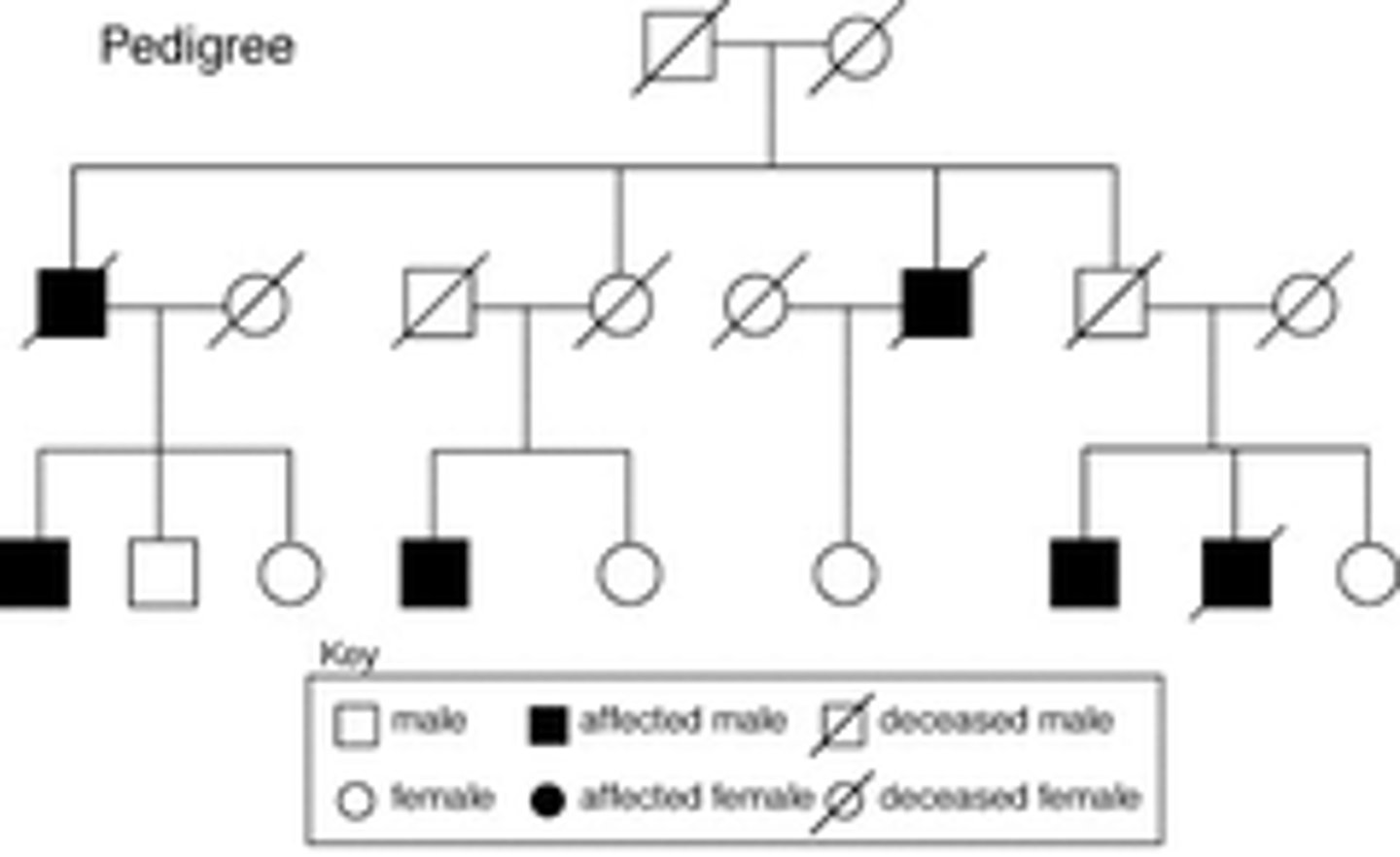 <p>Way of identifying inheritance patterns in genetic diseases and disorders in a family. No color in shape = normal, half color in shape= carrier, color in shape = disease</p>