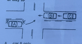 <p>The intersection shown has no traffic lights or signs. The law gives the right of way to</p><p>A. car A only</p><p>B. car A and then car B</p><p>C. car B and then car A</p><p>D. car B</p>