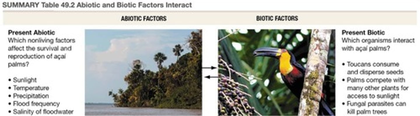 <p>Non-living chemical and physical parts of the environment that affect living organisms and the functioning of ecosystems.</p>