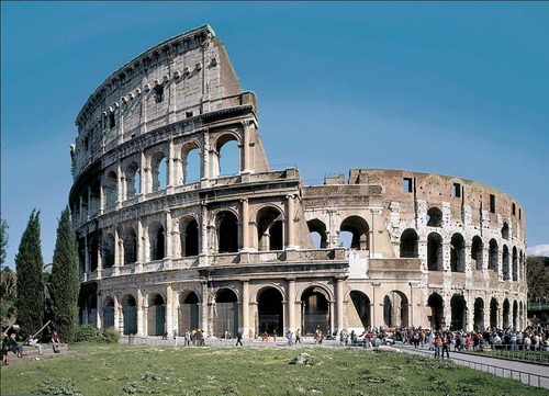 <p>-Rome Italy -70-80 CE -Stone + Concrete -50,000 people can fit -Statues of famous people/gods at the time -Sand on the floor to soak the blood -16 stories high -Earthquake broke part of it</p>