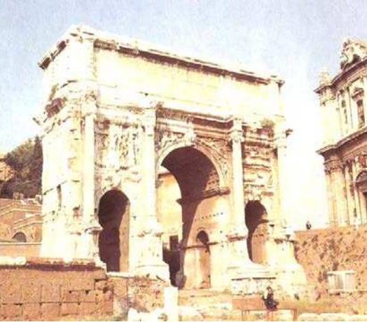 <p>Triple, triumphal arch. Awarded for defeating Parthians. Dedicated 203 AD, In the Roman Forum, Made of marble. An inscription on it was removed to erase Geta from the world, top once had a bronze sculpture of the family.</p>