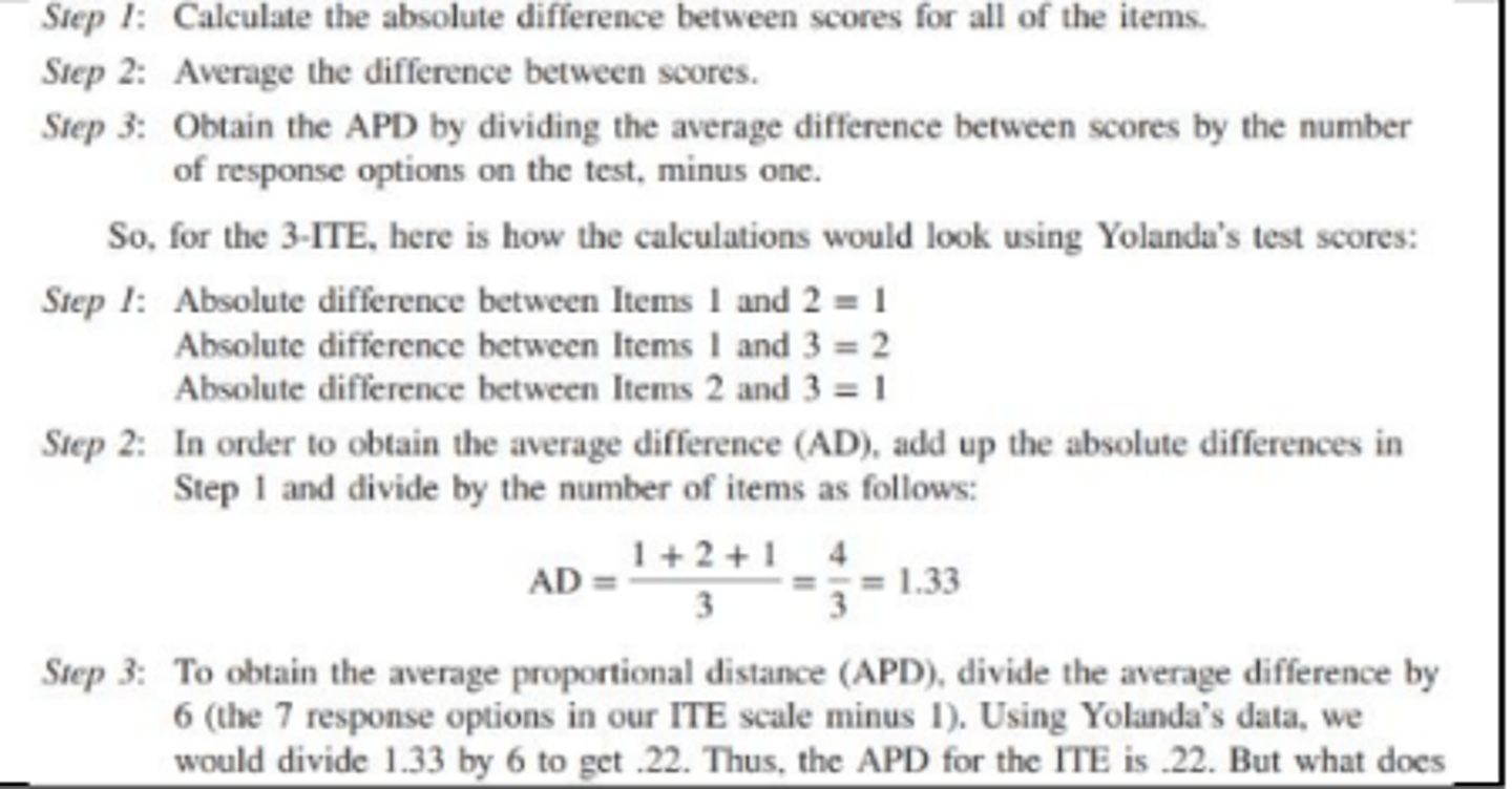 <p>o A measure that focuses on the degree of difference that exists between item scores.</p><p>▪ .2 or lower: Excellent internal consistency</p><p>▪ .25 to .2: Acceptable internal consistency</p>