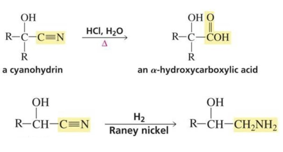 <p>Can be used to make α-hydroxycarboxylic acid or reduced to a primary amine with an OH group on the β carbon</p>