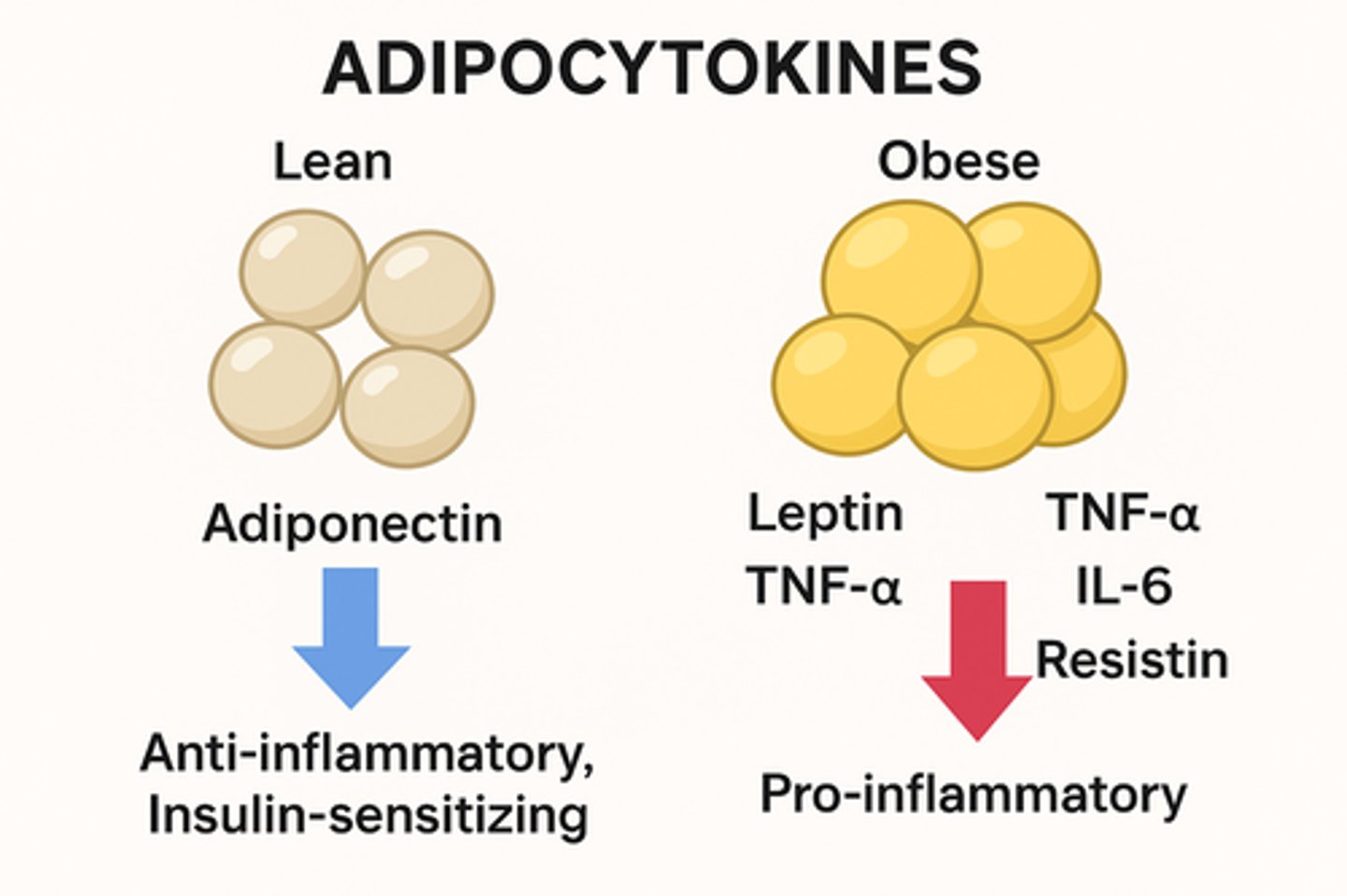 <p>chemical signals secreted by adipose tissue</p><p>- contribute to systemic insulin resistance</p><p>- (cytokines made by fat -&gt; inflammation)</p>