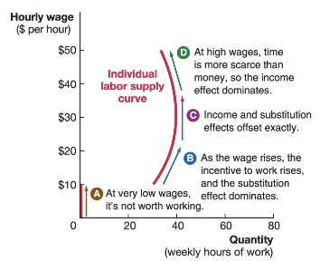<p><span>backward-bending shape.</span></p><p><br><span> At lower wages, the </span><strong><span>substitution effect dominates</span></strong><span>, resulting in an upward slope.</span><br><span> At mid-range wages, the two effects </span><strong><span>offset</span></strong><span>, resulting in a vertical slope.</span><br><span> At higher wages, the </span><strong><span>income effect</span></strong><span> dominates,</span><br><span>resulting in a downward slope</span></p>