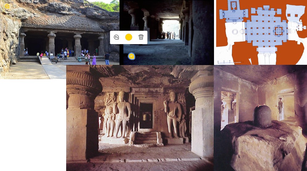 <ul><li><p>on a trade route, rock cut </p></li><li><p>hypostyle hall </p></li><li><p>Chaicha Circumnavigation (swastika, mandala)</p></li><li><p>Lingam inside chambers (connects to god Shiva and fertility. Subliminal sexuality and sacred phallus)</p></li><li><p>West facing- sunset </p></li><li><p>Refined vs “unfinished“ areas </p></li></ul><p>COMPARE- Petra, Ajanta caves</p>