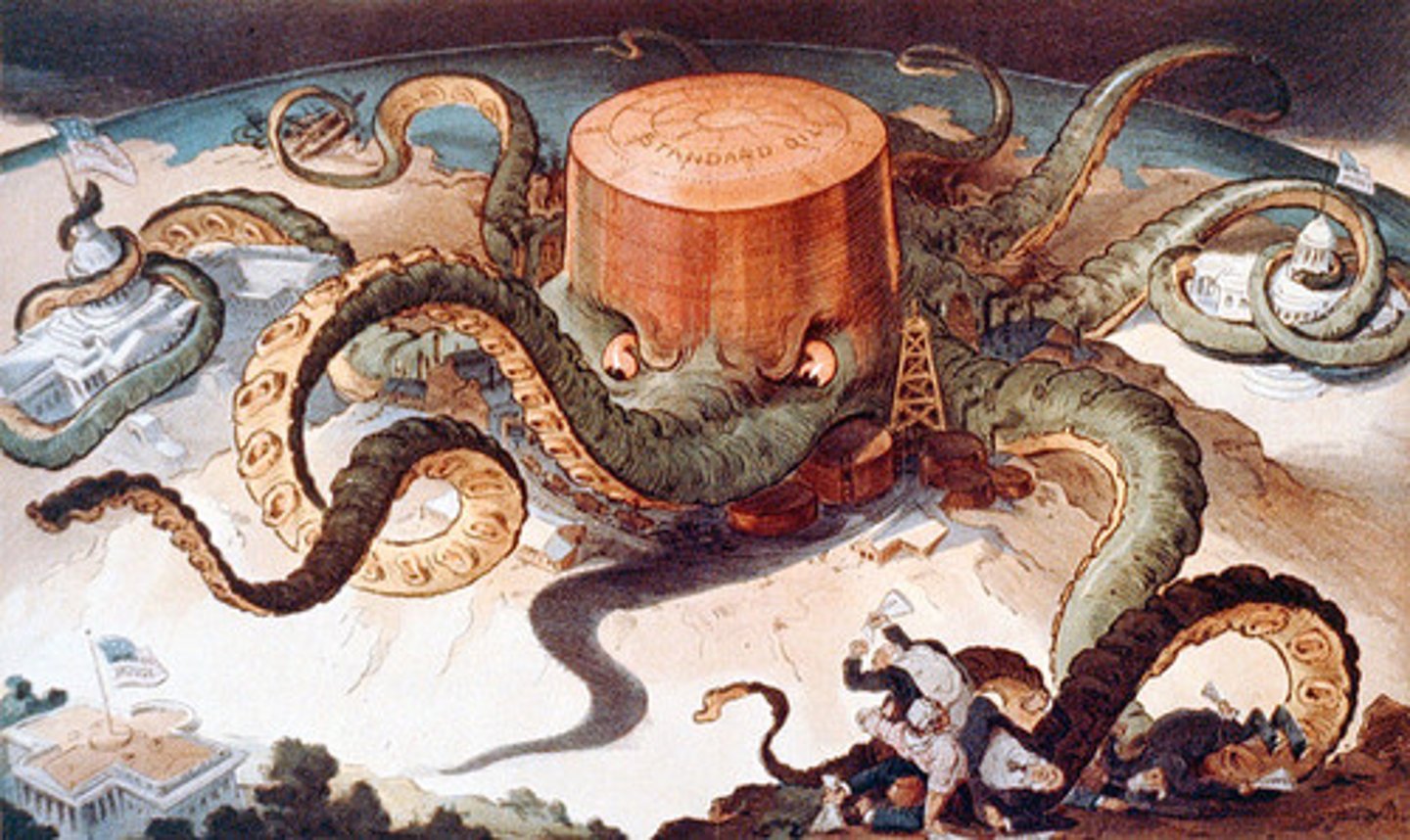 <p>established Standard Oil Company used a trust to form a monopoly over the oil industry. "Robber baron"</p>