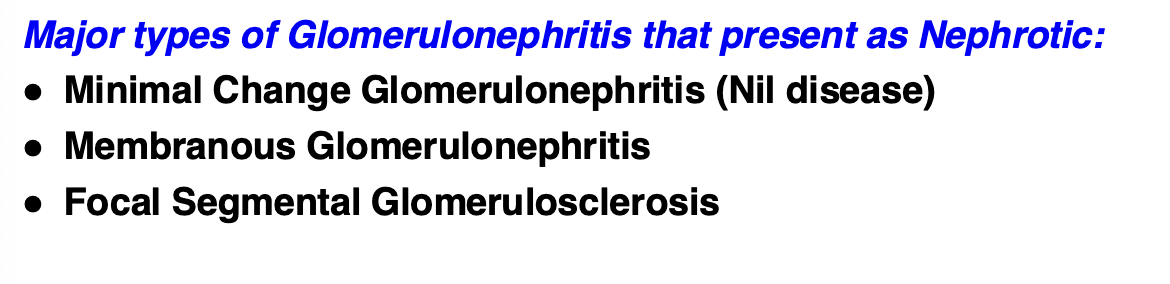 <ul><li><p>glomerular filtration barrier is damaged “leaky” so that protein is lost in the urine (proteinuria) faster than can be replenished</p></li><li><p>loss of protein in the blood (hypoalbuminemia) decreases the oncotic pressure in the microvasculature, allowing fluid to accumulate in tissues (edema): generalized edema</p></li><li><p>there is a compensatory increase in proteins and lipoproteins by the liver, but lipoproteins (main lipid carriers) are not lost in the urine so there often is <em>hyperlipidemia </em></p></li><li><p>usually do <u>not</u> have increased # of cells in glomerulus, classified as <strong>non-proliferative</strong></p></li></ul><p></p>