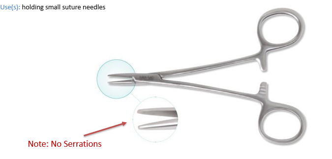 <p>CAT: Suturing and stapling</p><p>Use: holding small suture needle</p>