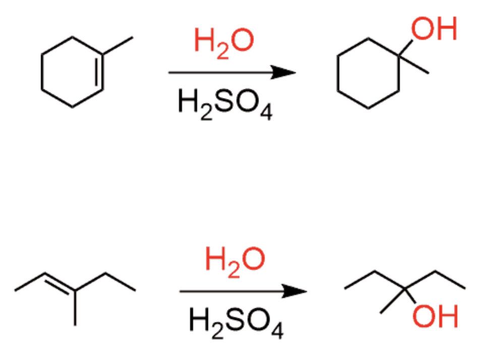 <ul><li><p>Formation of an Alcohol on the most substituted carbon</p></li><li><p>Adding water/acid catalyst</p></li></ul><p></p><p>H2O/H+ or H2O/H2SO4+</p><ul><li><p>Markovnikov’s Rule</p></li><li><p>CAN DO SHIFTS/ REARRANGEMENTS</p></li><li><p>three steps</p></li></ul><p></p>
