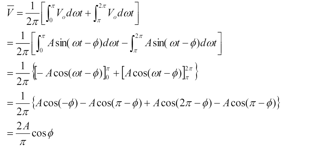 <p>note:  a factor of 1/2pi is taken outside the integral as we are caluclting the average value of a sin wave over 1 period. 1/2pi is equalivent to 1/time period.</p><p>note: for the second last line all the terms inside sqaure brackets can be considered to be cos(theta) hence when added together you get 4cos(theta)/2 pi which then simplifies to the last line. I am not sure why they are all cos(theta)</p>