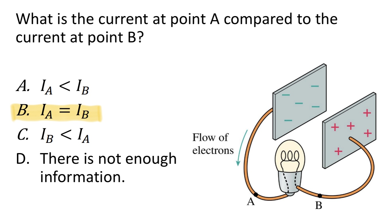 <p>What is the current at point A compared to the current at point B?</p><p>A. 𝐼𝐴 &lt; 𝐼𝐵</p><p>B. 𝐼𝐴 = 𝐼𝐵</p><p>C. 𝐼𝐵 &lt; 𝐼𝐴</p><p>D. There is not enough information.</p><img src="blob:null/ca5dd59a-9833-4742-bf99-74bffffa54cf">