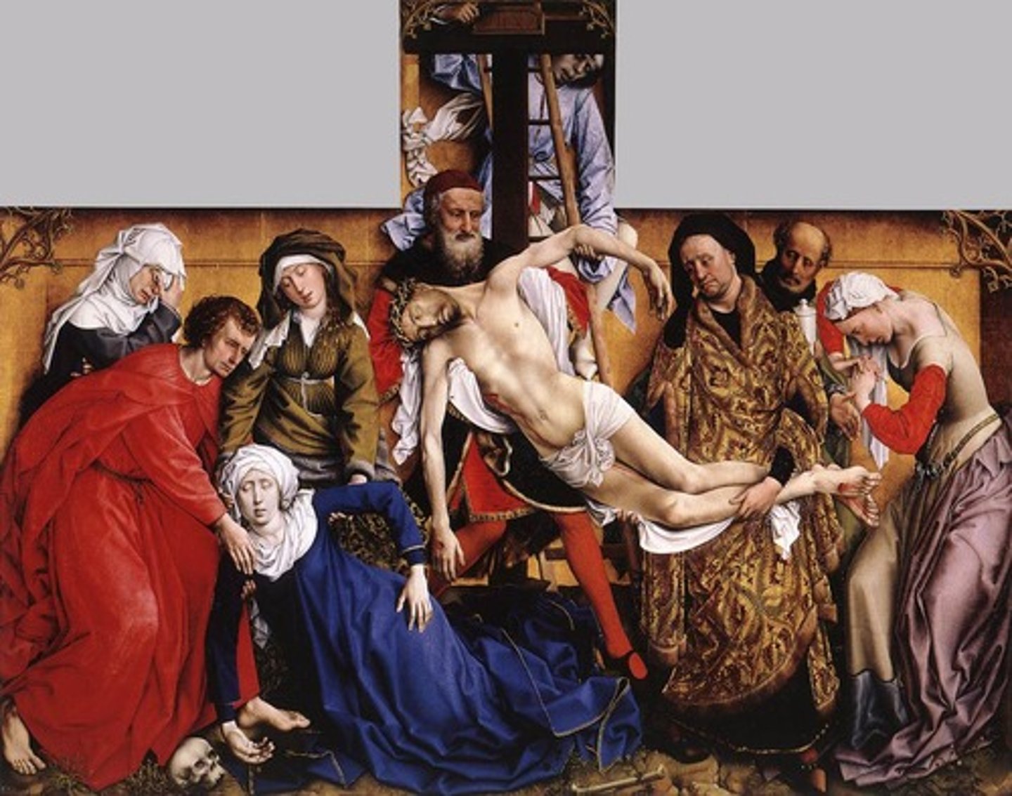 <p>Rogier van der Weyden, Deposition imitated large scale sculptured shrines popular in the fifteenth century. It served his purpose of expressing maximum action within a limited ___________.</p>