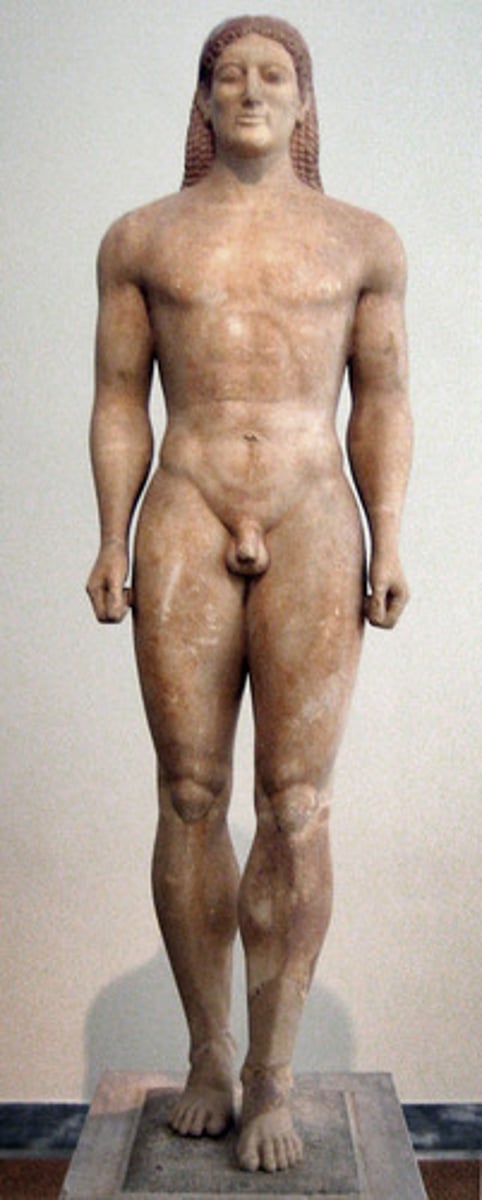 <p>Form:</p><p>-marble with remnant of paint</p><p>-archaic smile</p><p>-Egyptian inspiration shown through the stance of one foot slightly in front of other</p><p>-incaustic paint</p><p>Content:</p><p>-not a specific civilian depicted (not individualized)</p><p>-male nude (warrior)</p><p>-observing the human body</p><p>Function:</p><p>-grave marker</p><p>Context:</p><p>-530 BCE</p><p>-large scaled</p>