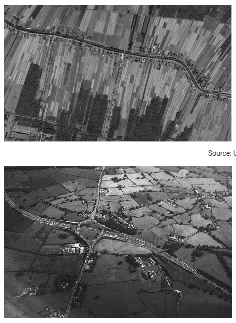 <p><span><span>Agricultural settlement patterns are partly determined by the survey system used to organize landownership. Which of the following best describes the survey methods used to delineate agricultural land and the associated settlement patterns shown in the two images?</span></span></p>