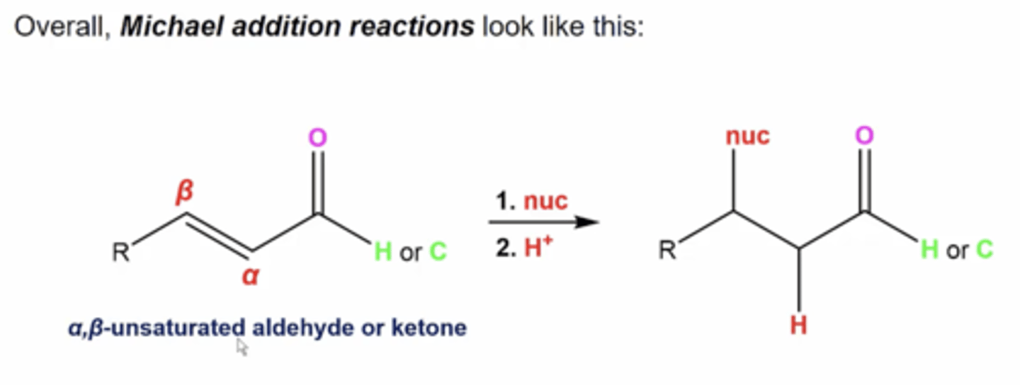 <p>1. the nucleophile attacks the beta carbon</p><p>2. quench protonates the remaining carbocation</p>