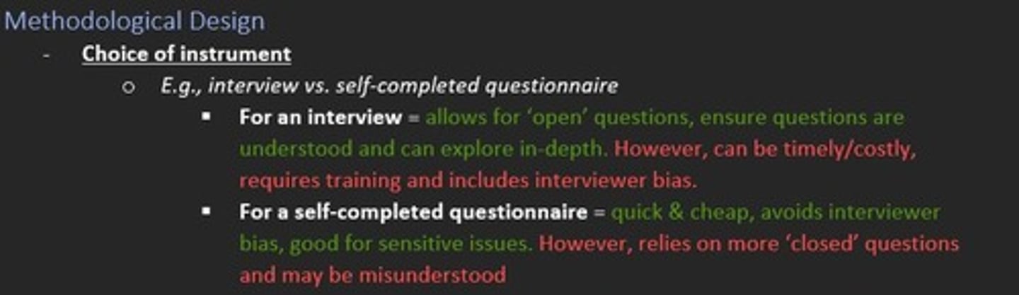 <p>1) Choice of instrument e.g., interview vs. self-reported questionnaire</p><p>2) Quality control = standardisation of instruments, training of the interviewers</p>