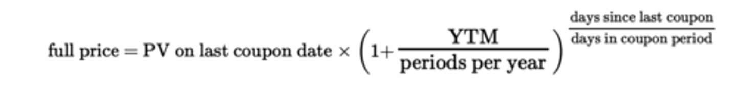 <p>Theoretically the sum of its flat price and accrued interest. BUT cannot calculate it this way.</p><p>To calculate:</p><p>1. Calculate value of bond on last coupon date.</p><p>2. Compound this value at YTM per period, over the number of days since last coupon payment.</p>
