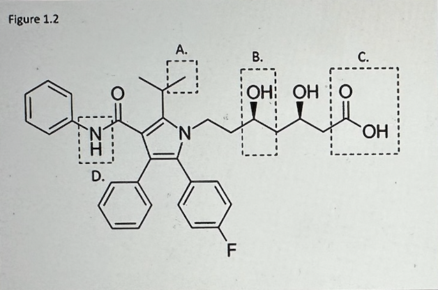 <p>Which of the functional groups highlighted in the molecule below (Figure 1.2) is nonpolar?</p>
