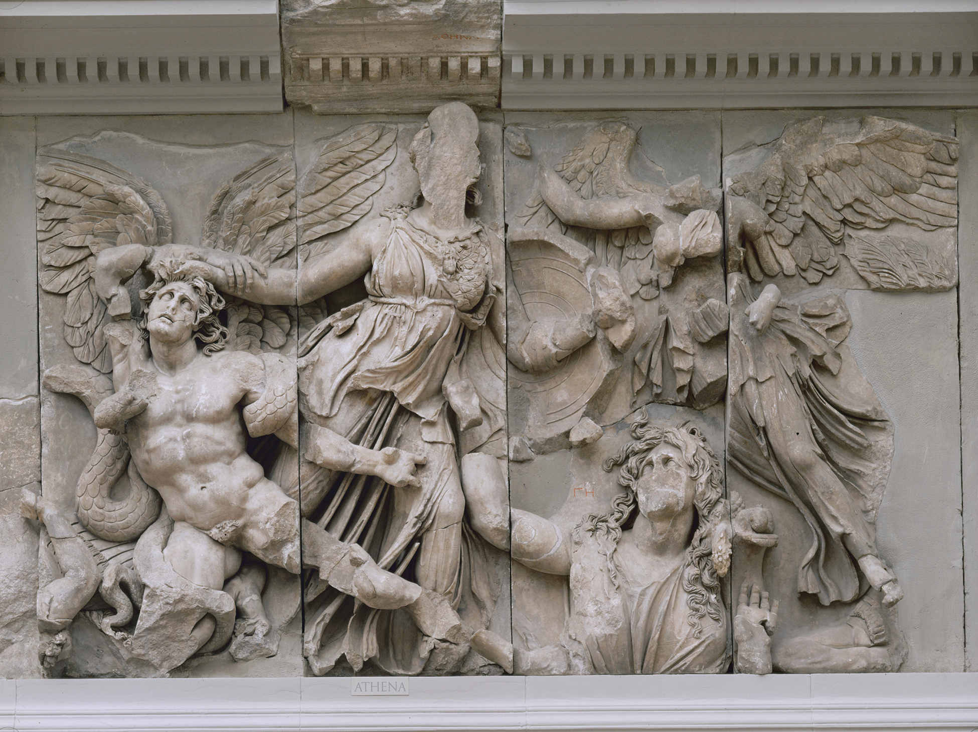 <p>The image shows a detail from a larger sculptural frieze found on the<br>A. Audience Hall (apadana) of Darius and Xerxes at Persepolis<br>B. Parthenon on the Acropolis in Athens<br>C. Great Altar of Zeus and Athena at Pergamon<br>D. Ludovisi Battle Sarcophagus in Rome</p>