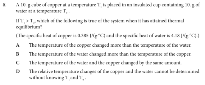 <p>If T1> T2, which of the following is true of the system when it has attained thermal equilibrium?</p>