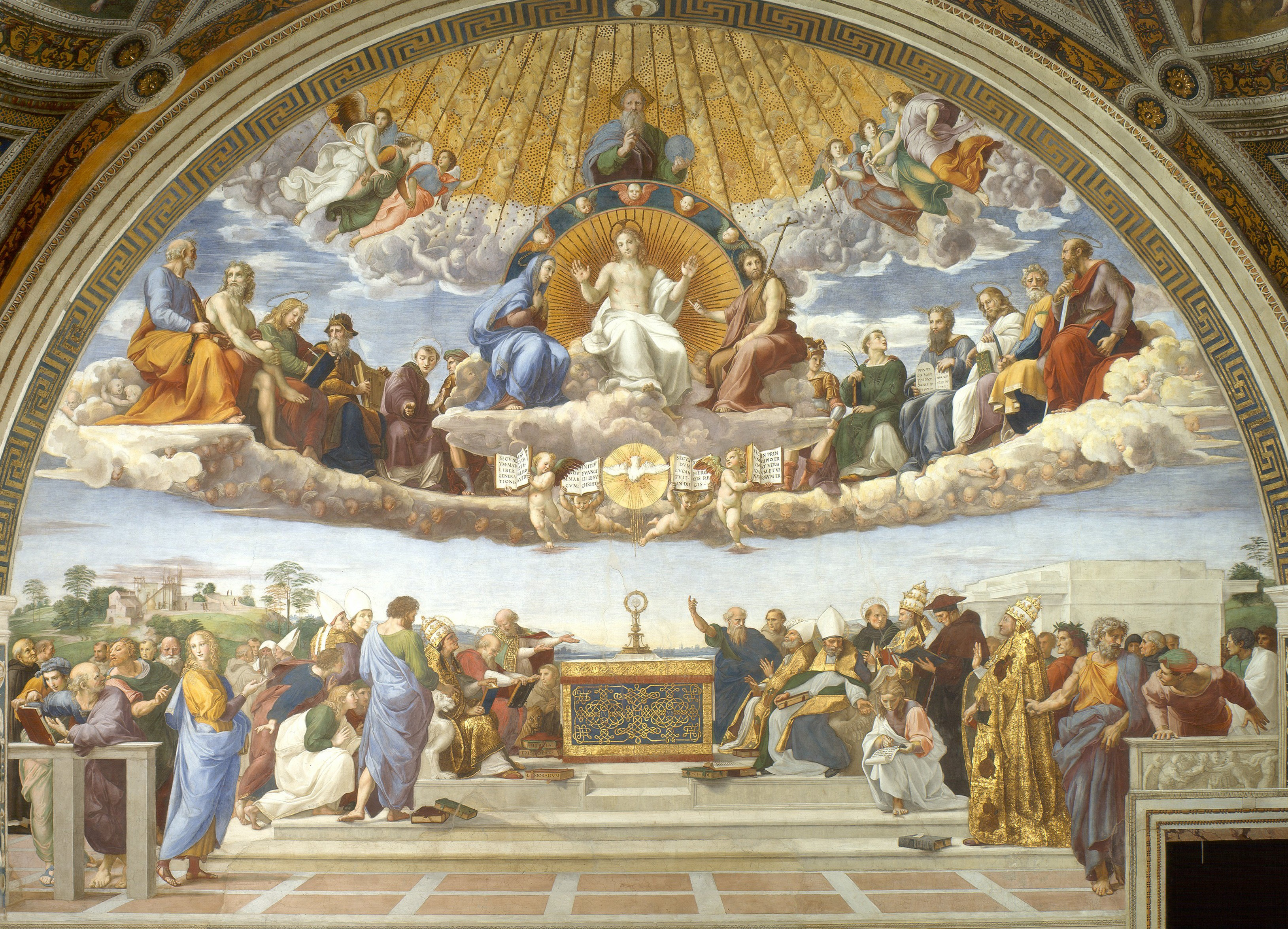 <p>All of the above (names common to the Christian faith - Jesus, Mary, John the Baptist, and many other saints, Raphael himself, Michelangelo, Leonardo da Vinci, Plato and Aristotle)</p>