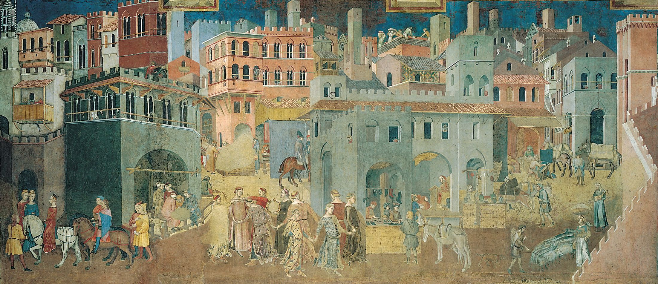 <p><span style="background-color: transparent;"><strong><span>Mural painted by </span></strong></span><strong><mark data-color="yellow" style="background-color: yellow; color: inherit;"><span>Ambrogio Lorenzetti using the fresco method</span></mark><span>. One of the murals in the Hall of Peace</span></strong></p>