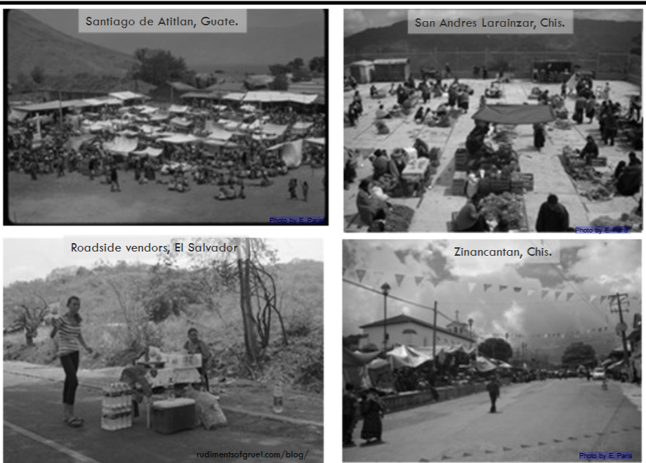 <p>Traditional markets (tinanguiz) are often held outdoors—in plazas or along roadsides</p><p>Continue traditions of pre-Hispanic markets in most Mesoamerican cultures</p><p>No roofs, temporary awnings, rows of vendors, often held weekly&nbsp;</p>