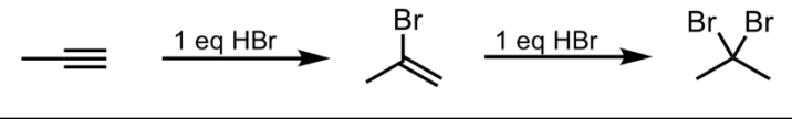 <p>What’s added: 1 H atom and 1 halogen atom (can be F, Br, I, or Cl) per equivalent of HX </p><p>Regioselectivity: Markovnikov </p><p>Intermediate: Carbocation </p><p>Rearrangement: Not possible</p>