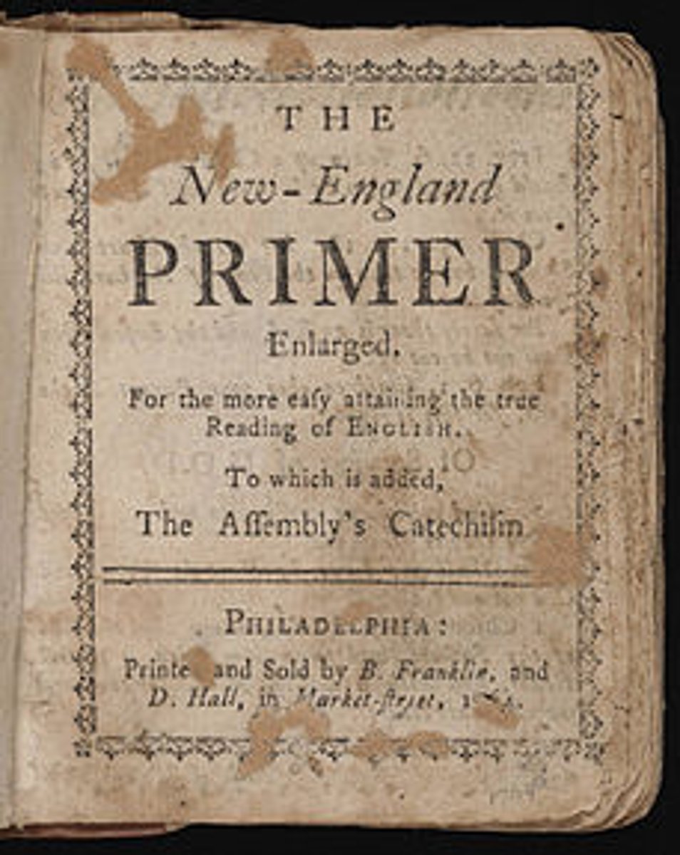 <p>Schoolbook used by the New England Colonists to teach reading and writing.</p><p>(It was a tool to teach children the Puritan worldview, shaping them into obedient, pious, and disciplined members of a religiously governed society.)</p><p>1. Values Conveyed in the New England Primer:</p><p>Religious devotion: Frequent Bible verses and references to God emphasize faith and piety.</p><p>Moral discipline: Lessons stress obedience, hard work, honesty, humility, and self-control.</p><p>Law and order: Children were taught to respect authority, follow rules, and live orderly lives.</p><p>Education and literacy: Reading was a moral and spiritual duty, not just a skill.</p><p>Community responsibility: Emphasized the role of the individual in maintaining a godly, orderly society.</p><p>2. What This Tells Us About Puritan Culture</p><p>Highly religious: Daily life was dominated by God, scripture, and moral conduct.</p><p>Structured and disciplined: Puritans valued order, hierarchy, and self-control in personal and communal life.</p><p>Community-focused: Individual behavior was judged not only by God but also by fellow townspeople.</p><p>Education as moral training: Learning to read was inseparable from learning to be a moral, godly citizen.</p><p>Moral anxiety and the "elect": The emphasis on visible piety reflects the belief that one's salvation had to be shown through good behavior.</p>