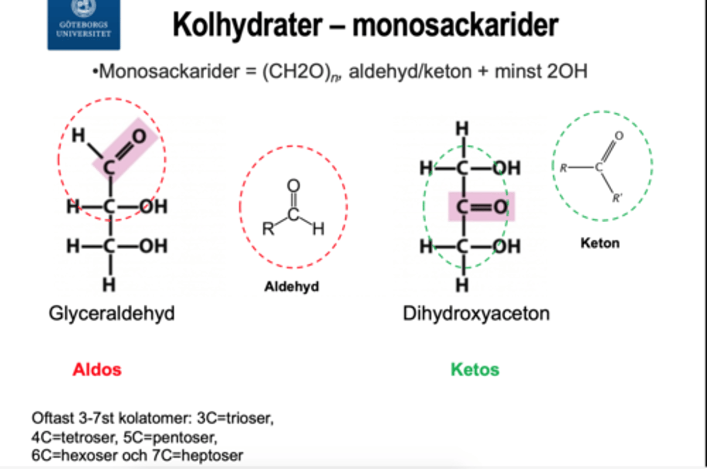 <p>= Vatteninnehållande kolförening</p><p>- Innehåller minst två alkoholer (-OH) och minst en keton/aldehyd</p>
