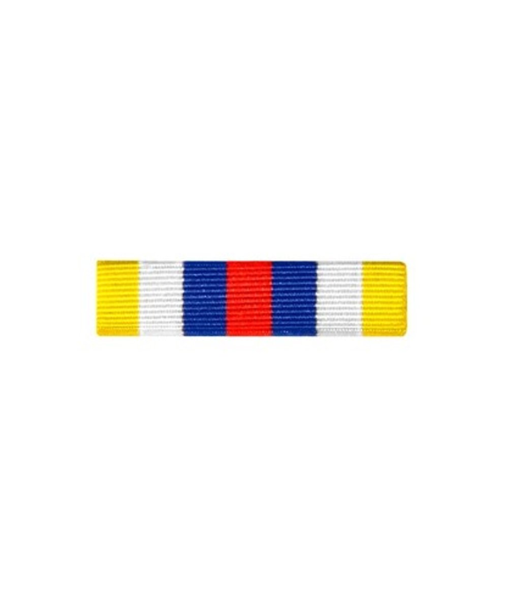 <p>- A gold, white, blue, and red ribbon</p>