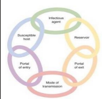 <p>Spread of infections has 6 links and the names are:</p><ul><li><p>Infectious agent</p></li><li><p>Reservoir</p></li><li><p>Portal of exit</p></li><li><p>Mode of Transmission</p></li><li><p>Portal of entry</p></li><li><p>Susceptible host</p></li></ul>