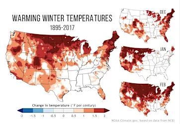<p><span>I. Increased rainfall II. Drop in annual snowfall III. Fewer days with below-freezing lows IV. Shorter winter season, earlier spring The large map at left shows average temperature change during winter (December-February) from 1895-2017. The smaller column of maps at right shows individual monthly averages over the same time period. If we take into consideration the data collected for more than a century, what prediction could we make about the future climate in the US? Choose all that apply.</span></p>