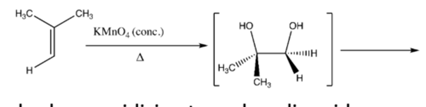 <p>alkene + KMnO4 (conc) and heat</p>