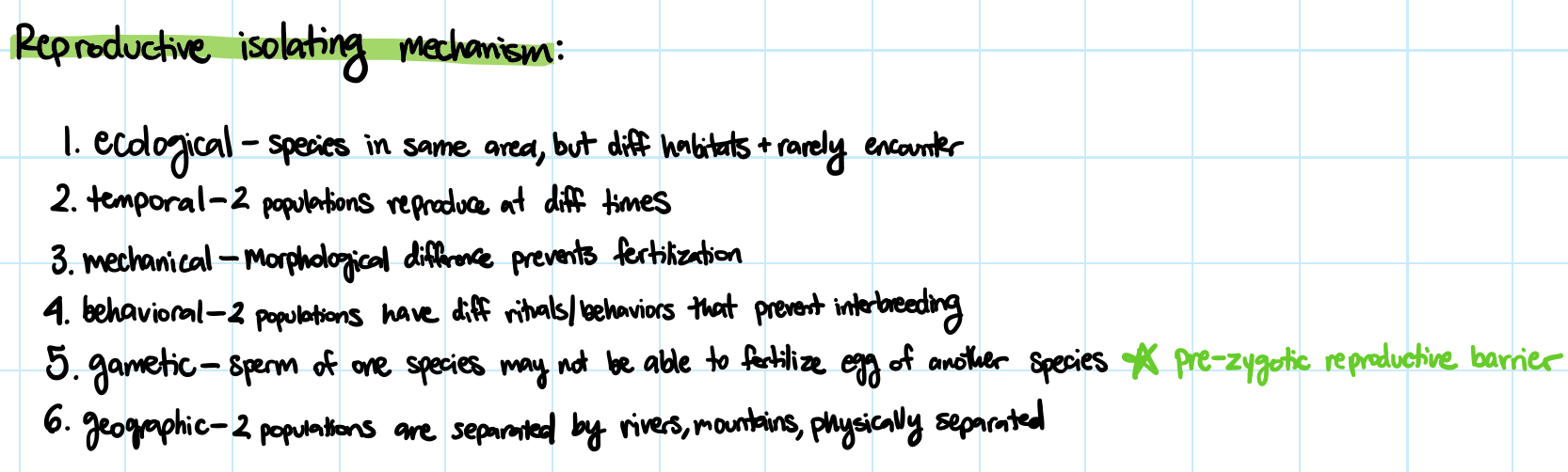 <p>post-zygotic</p><ul><li><p>hybrid sterility - hybrid can’t make gametes (no mating)</p></li><li><p>hybrid inviability - hybrid zygote dies early on</p></li></ul>