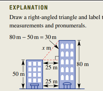 <p>Two skyscrapers are located 25 m apart and a cable links the tops of the two buildings. Find the length of the cable if the buildings are 50 m and 80 m in height. Give your answer correct to two decimal places.</p><img src="https://knowt-user-attachments.s3.amazonaws.com/cf8ca88e-d803-4412-8417-7a08b3ab0728.png" data-width="100%" data-align="center" alt="knowt flashcard image"><p></p>