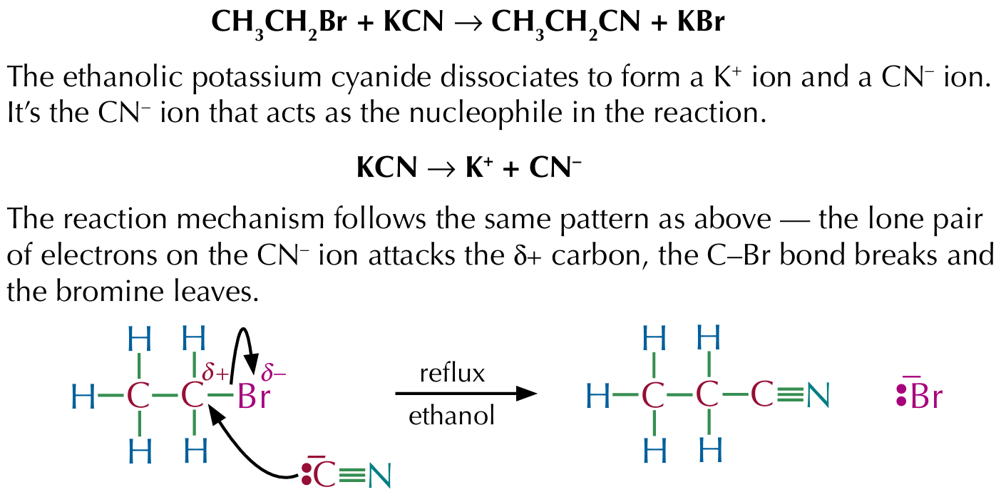 <p>Reacting bromoethane with potassium cyanide under reflux will produce propanenitrile and potassium bromide </p>