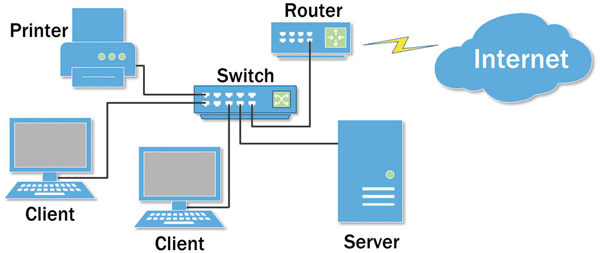 <p>client, switch, server, router, printer, internet</p>
