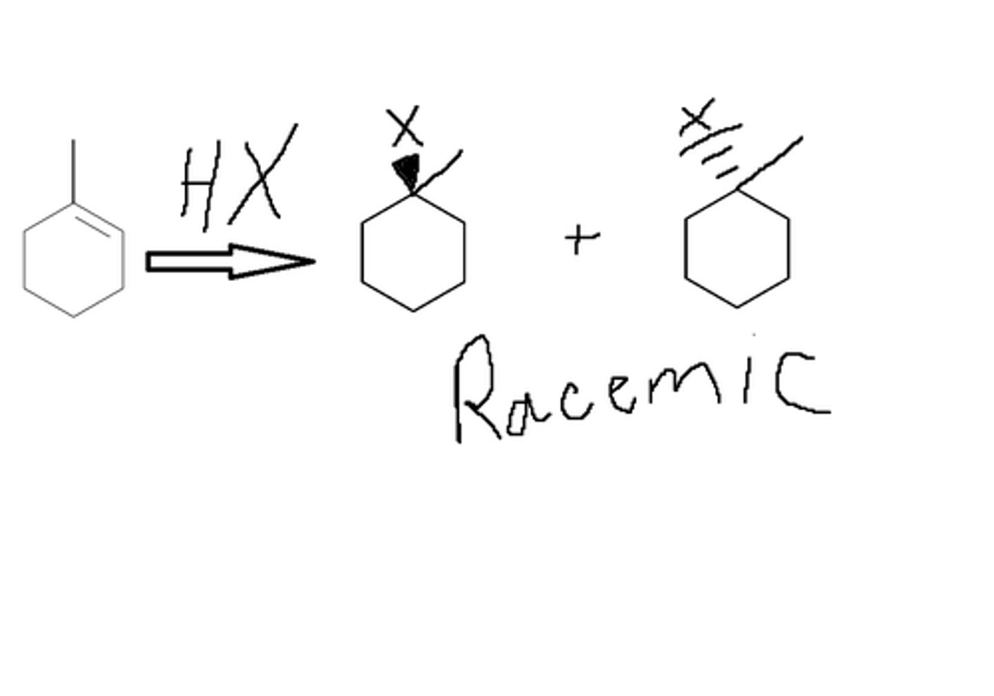 <p>alkene to haloalkane</p><p>carbocation formation? yes</p><p>rearrangement? yes</p><p>regiochem? yes</p><p>stereochem? no</p>