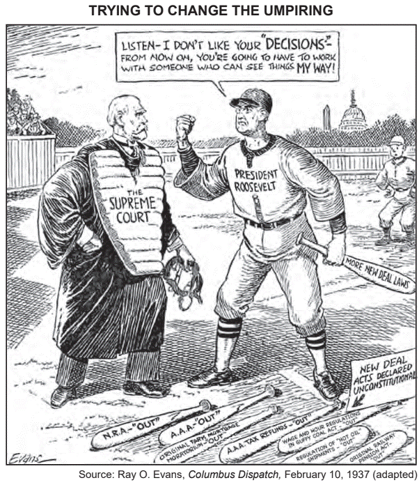 <p>What was the reason for President Franklin D. Roosevelt’s reaction to the Supreme Court as shown in this cartoon?</p>