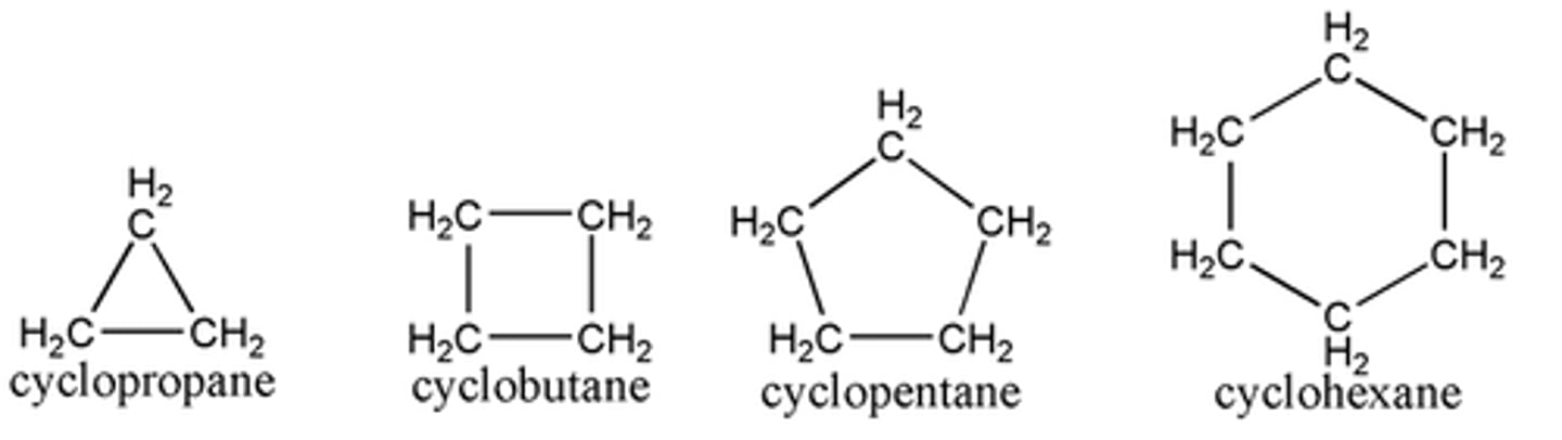 <p>organic molecules with carbon connected with single bonds and at least one ring structure.</p><p>name constructed by prefix cyclo followed by the name of the open-chain alkane</p><p>ring restricts-no free rotation</p>