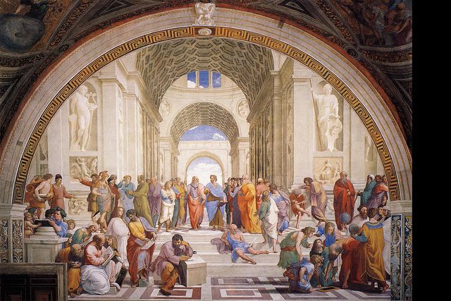 <p>Painted in the Vatican Palace as a representation of Philosophy where it depicts Greek philosophers. It has many key Greek figures such as Plato and Aristotle depicted as representation of reasoning. Another key detail to point out is many of the figures in the painting are based off other famous Renaissance artist such as Leonardo, Michelangelo, Raphael and Bramante. There also a use of vanishing point in order to create greater depth and make a very complex scene. </p>