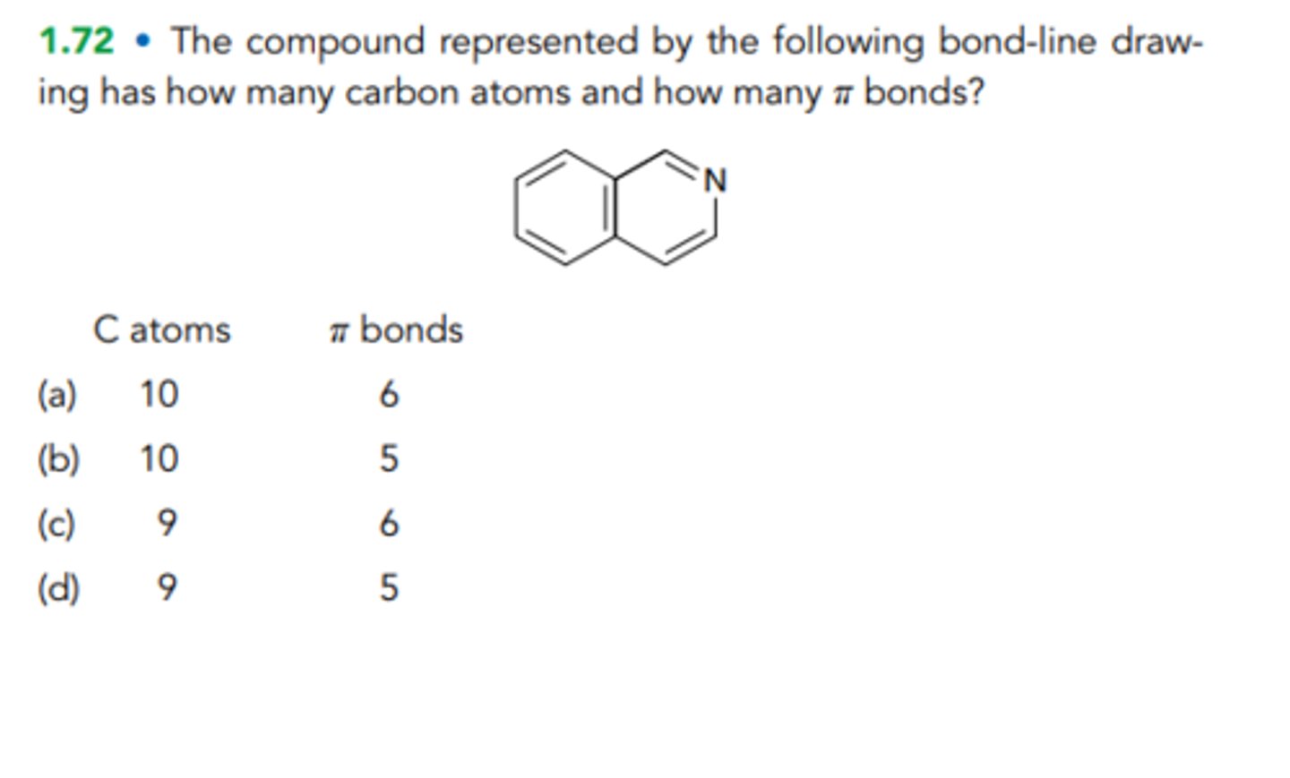 <p>The compound represented by the following bond-line drawing has how many carbon atoms and how many π bonds?</p><p>C atoms</p><p>π bonds</p><p>(a)</p><p>10 6</p><p>(b)</p><p>10 5</p><p>(c)</p><p>9 6</p><p>(d)</p><p>9 5</p>