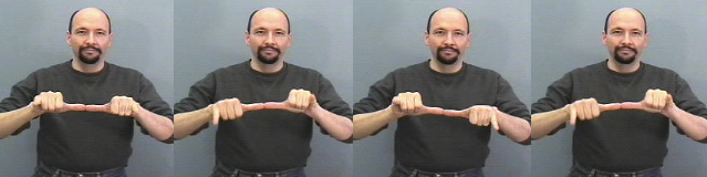 <p>one hand stationary, other pivots up and down from thumb (repeated)</p>
