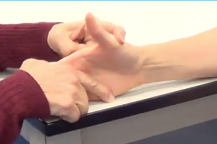 Use your pointer finger to apply resistance on the distal end of MC1, trying to bring the thumb back down towards the index finger