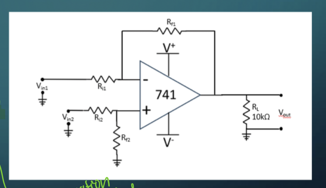 <p>Vout = (Rf/Ri) (Vin2 - Vin1)</p>