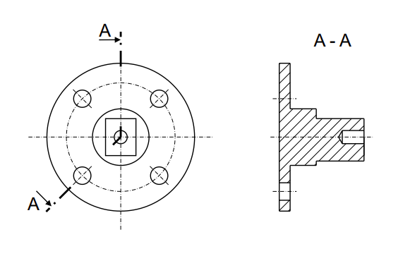 <ul><li><p>Broad, dashed-dotted with overlap</p></li><li><p>Only for rotationally symmetrical parts</p></li><li><p>Section view drawn as if the section lies in one plane</p></li></ul><p></p>
